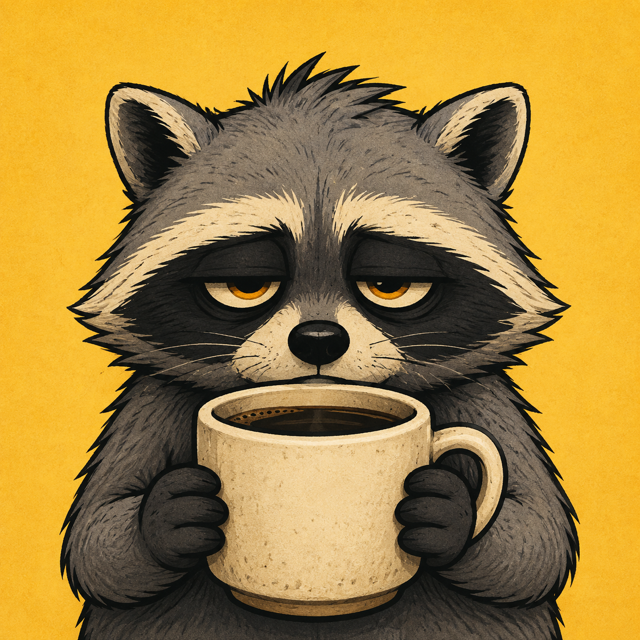 An exhausted gray raccoon clutching an enormous coffee cup
